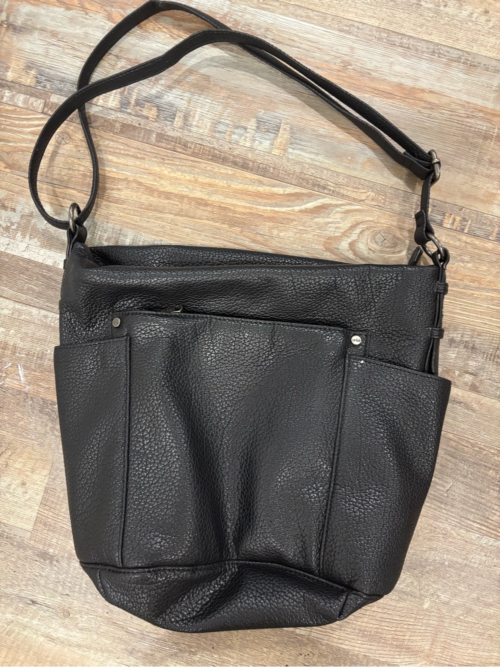 Textured Black Leather Shoulder Bag with Front Pockets